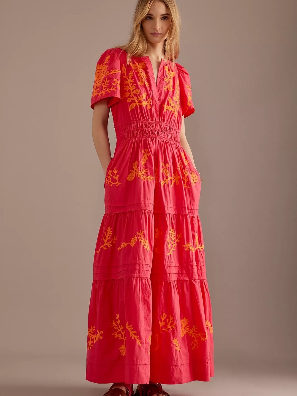 Anthropologie Somerset Maxi Dress Embroidered Floral Pink Orange Size Medium